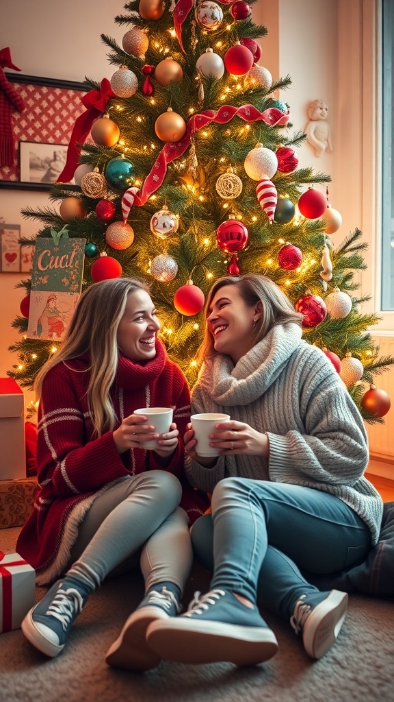 Two best friends enjoying Christmas by the tree with cocoa and laughter.